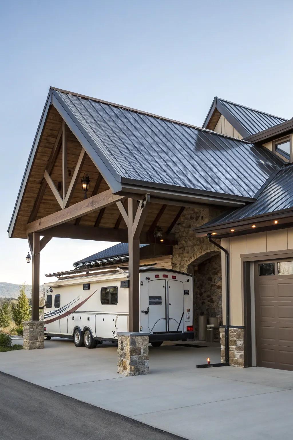 A seamless blend of home and adventure: Discover the elegance and utility of an attached RV garage with a masterfully crafted metal roof.