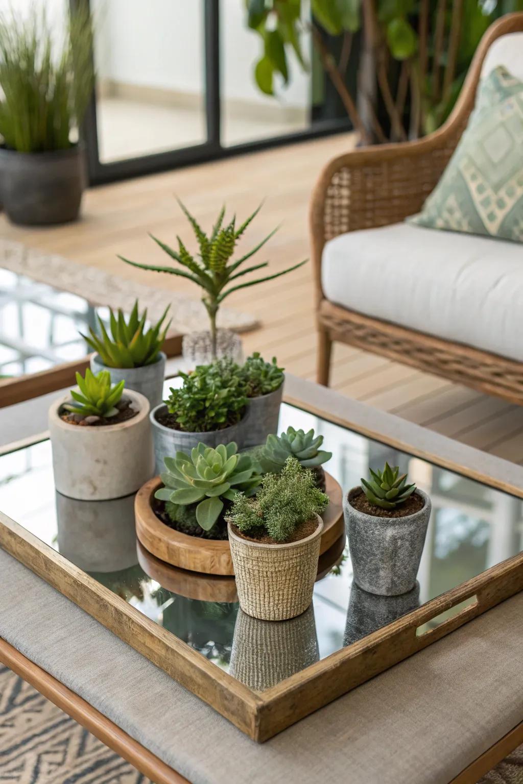 Greenery adds freshness and life to your mirror coffee table.