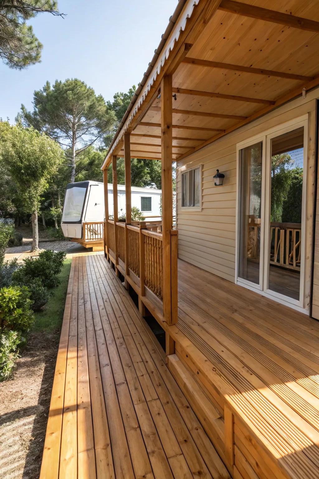 Embrace the outdoors with the timeless appeal of natural wood finishes, perfect for your mobile home deck.