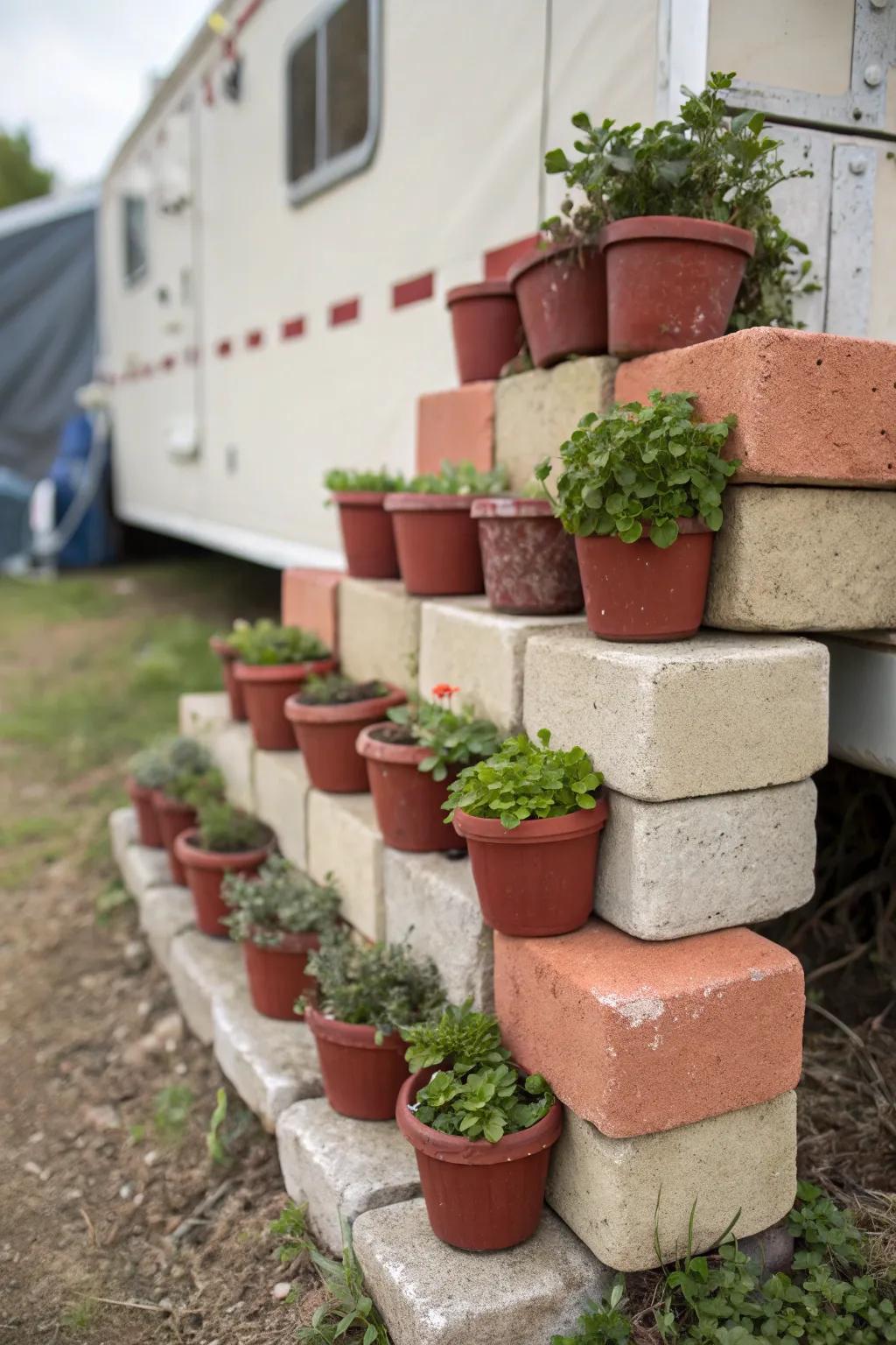 Elevate your mobile home style with cinder block chic—a perfect blend of functionality and artistry.