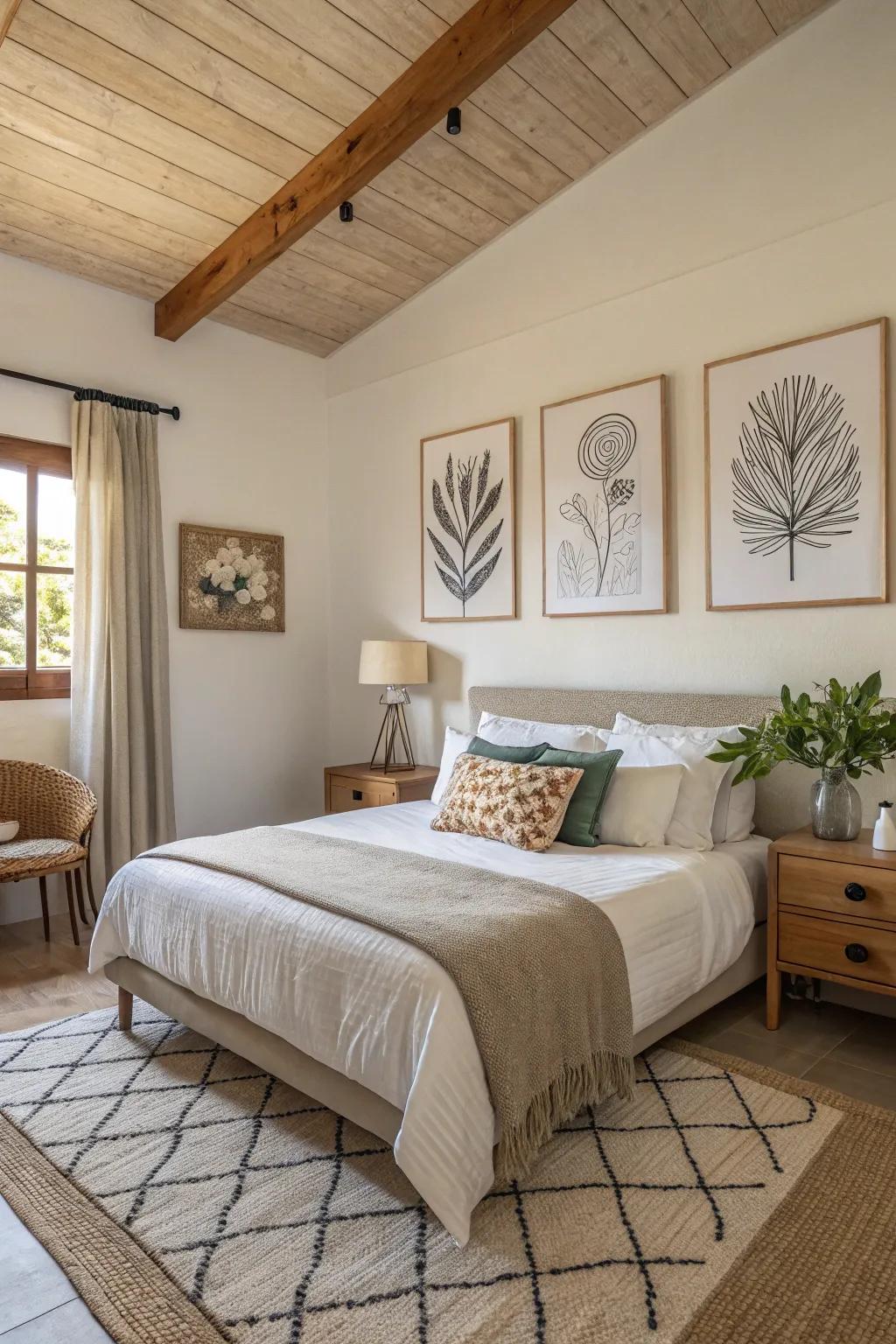 Art pieces bring character to this modern guest bedroom.