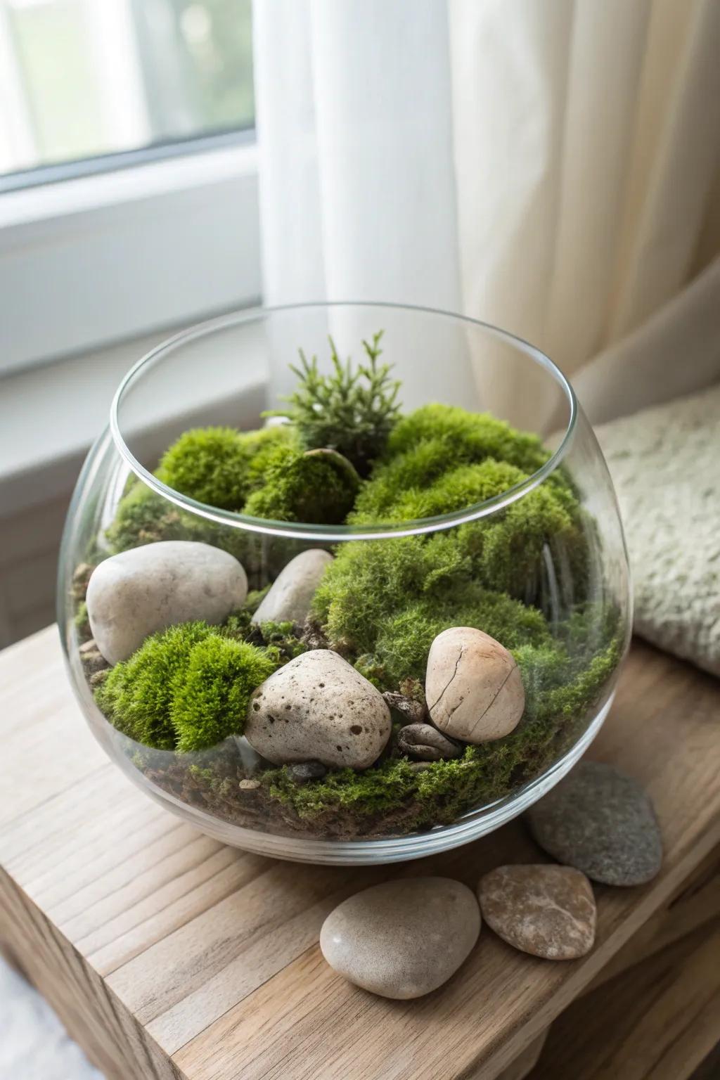 Serenity in Simplicity: Discover the tranquil beauty of a moss and stone terrarium.