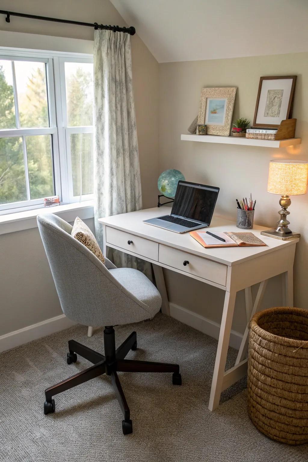 A multi-functional space with a small desk adds versatility to the bedroom.