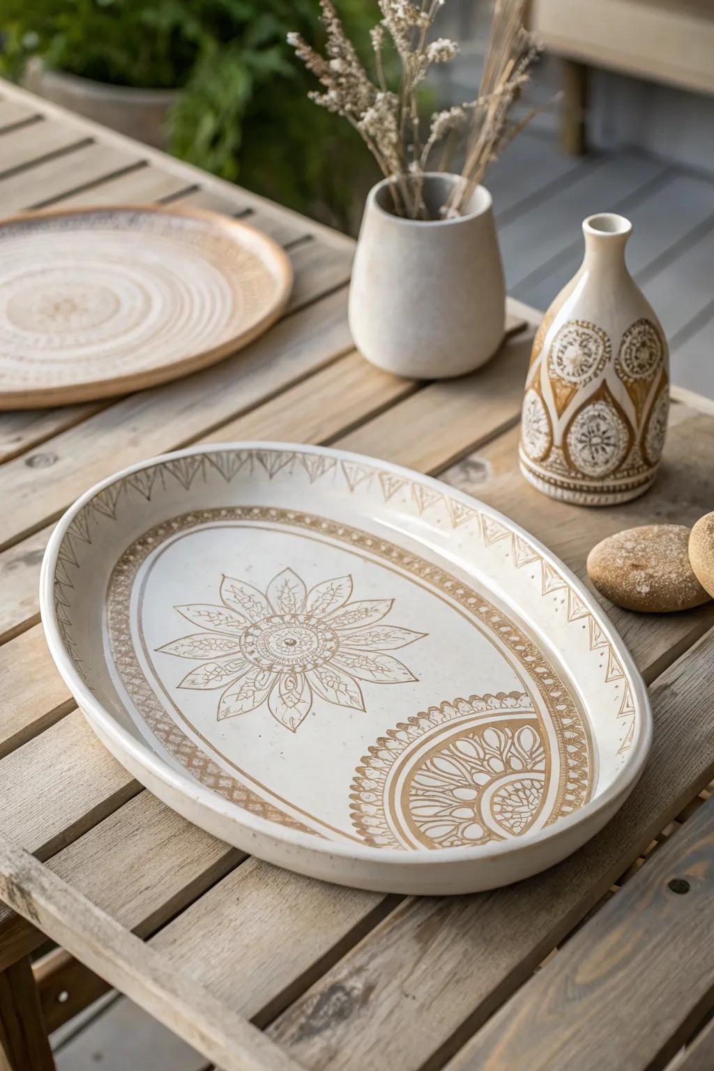 Elevate your dining experience with this artisan serving platter, where simplicity meets boho elegance.