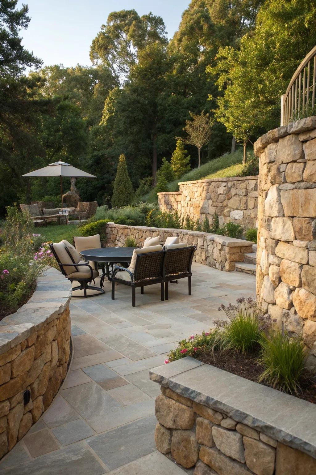 Sophisticated serenity: A natural stone retaining wall elevates your outdoor lounge experience.