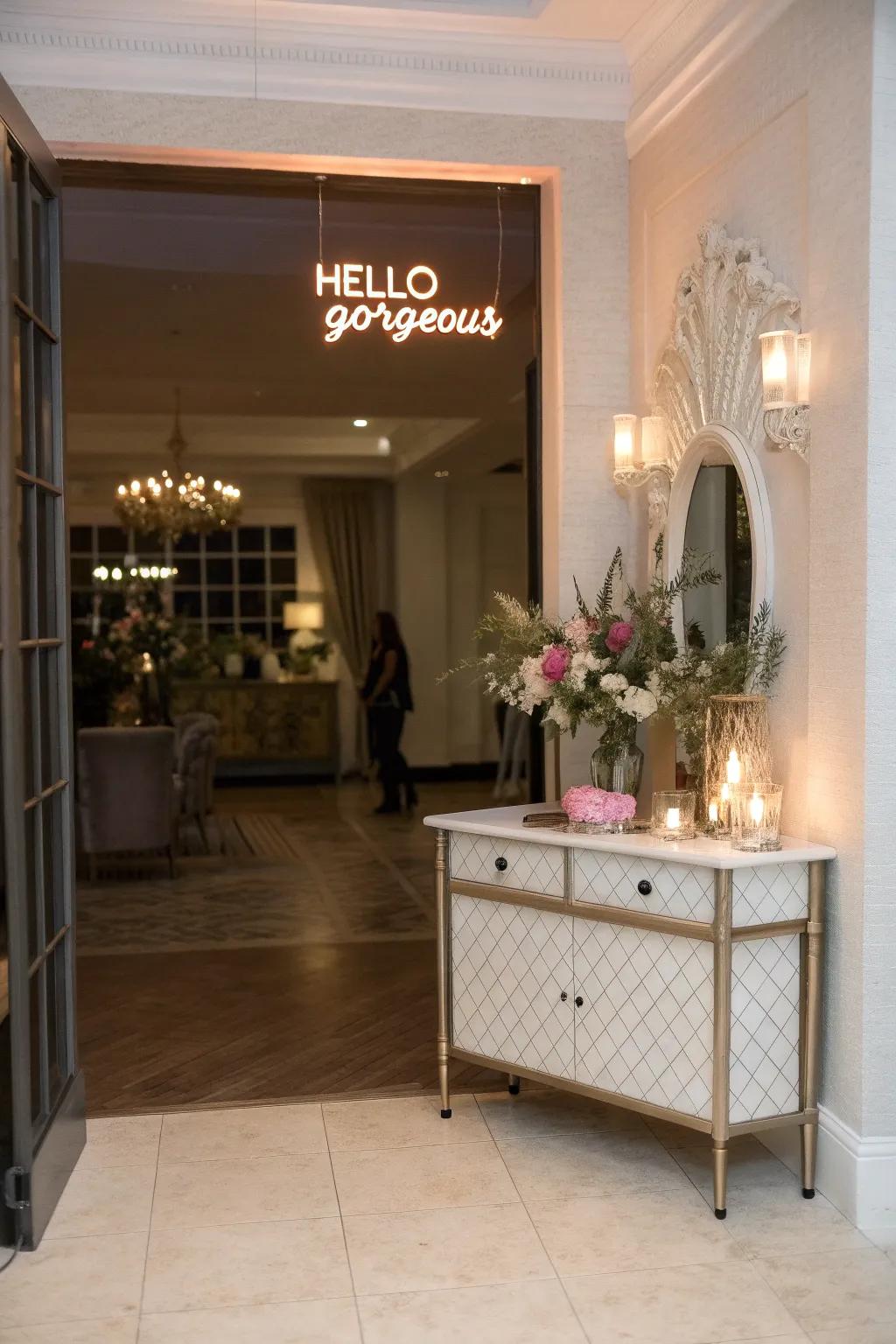 A welcoming entryway with a charming 'Hello Gorgeous' neon sign.