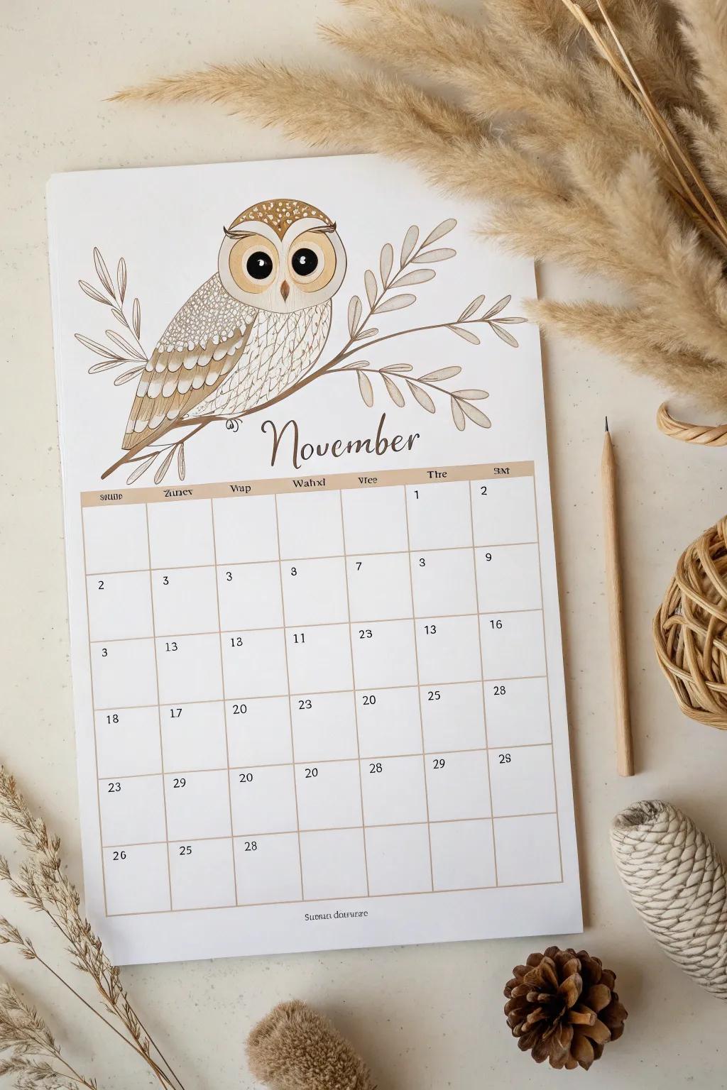 Embrace the wisdom of November with a touch of whimsy—owl-inspired elegance for your minimalist calendar.