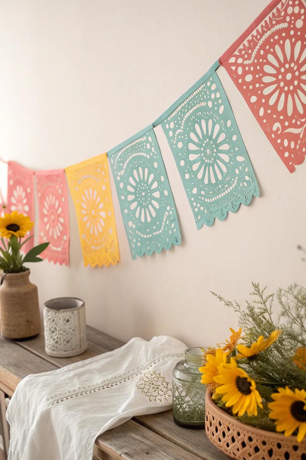 Add a touch of tradition and color with a hand-cut papel picado banner for your ofrenda.