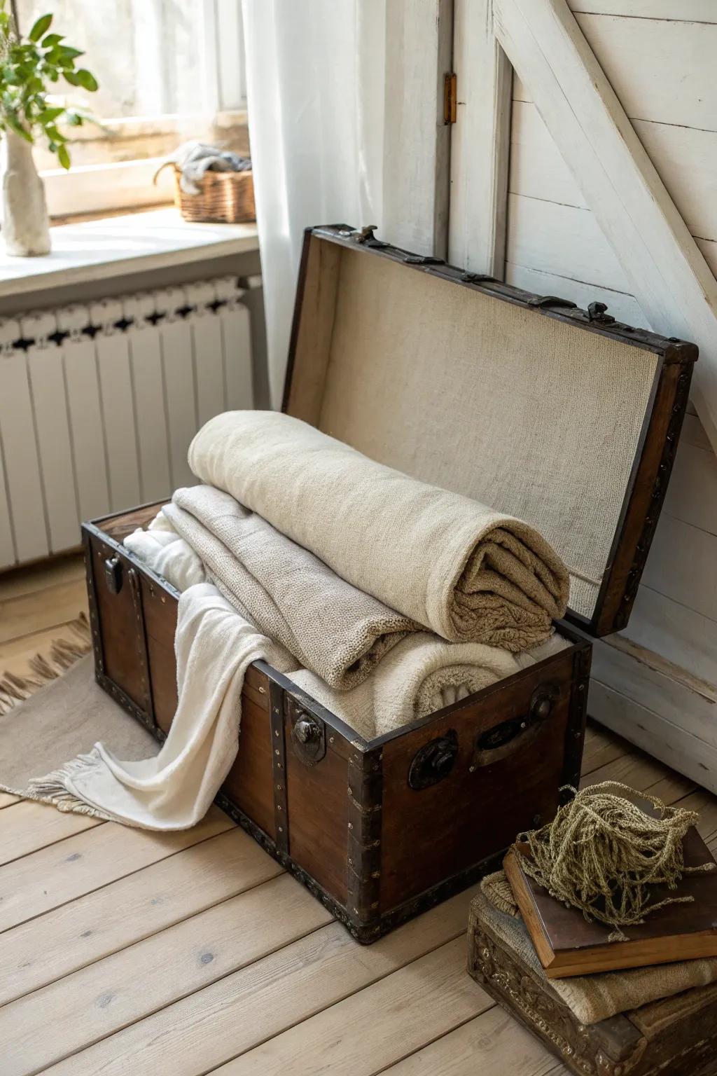 Transform your vintage trunk into a cozy blanket haven, blending function with minimalist style.