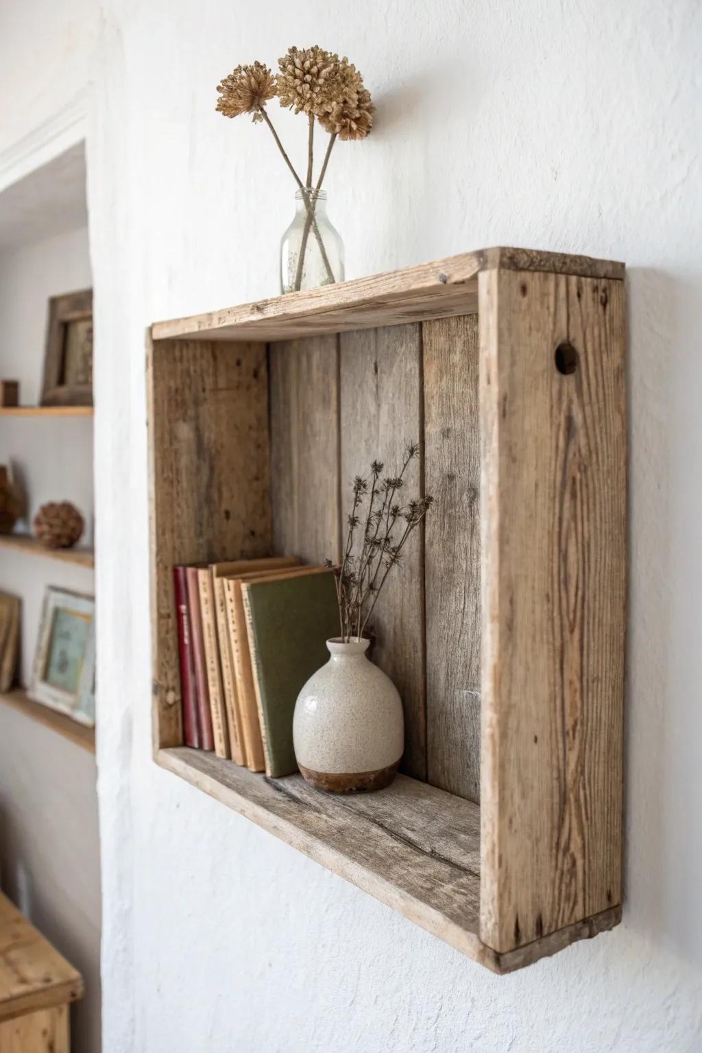 Transform old wood boxes into chic wall shelves for a touch of rustic elegance in your home.