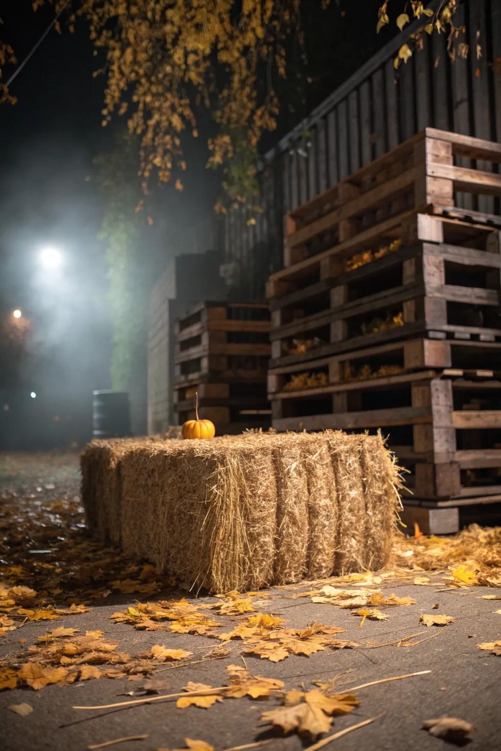 Embrace the rustic charm of Halloween with this inviting hay bale and pallet setup.