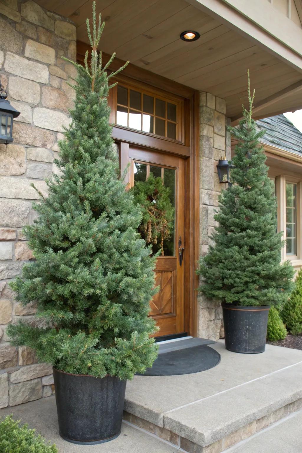 Welcoming entryway with Alberta Spruce planters.