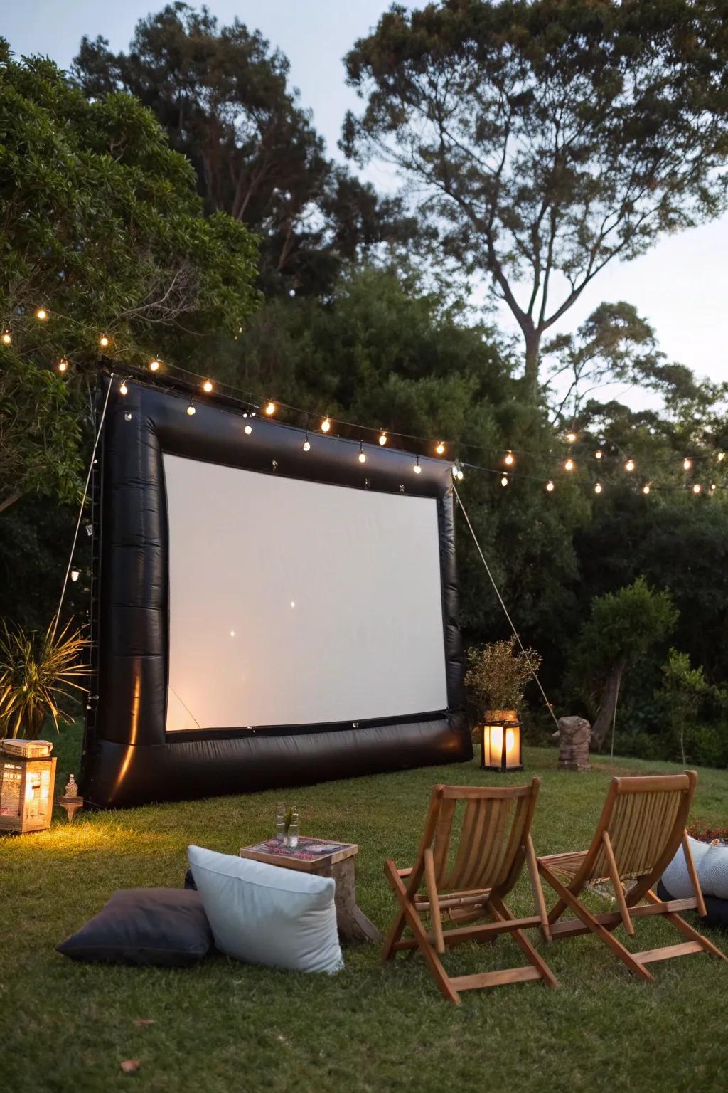 Experience the magic of movie nights under the stars with an impressive inflatable screen setup.