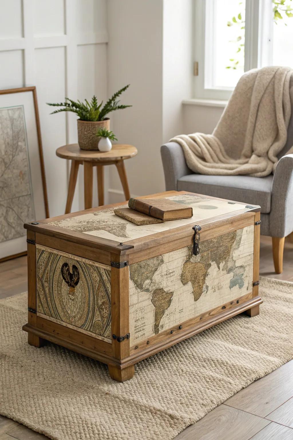 Transform your space with a touch of history and artistry—vintage maps breathe new life into this timeless cedar chest.