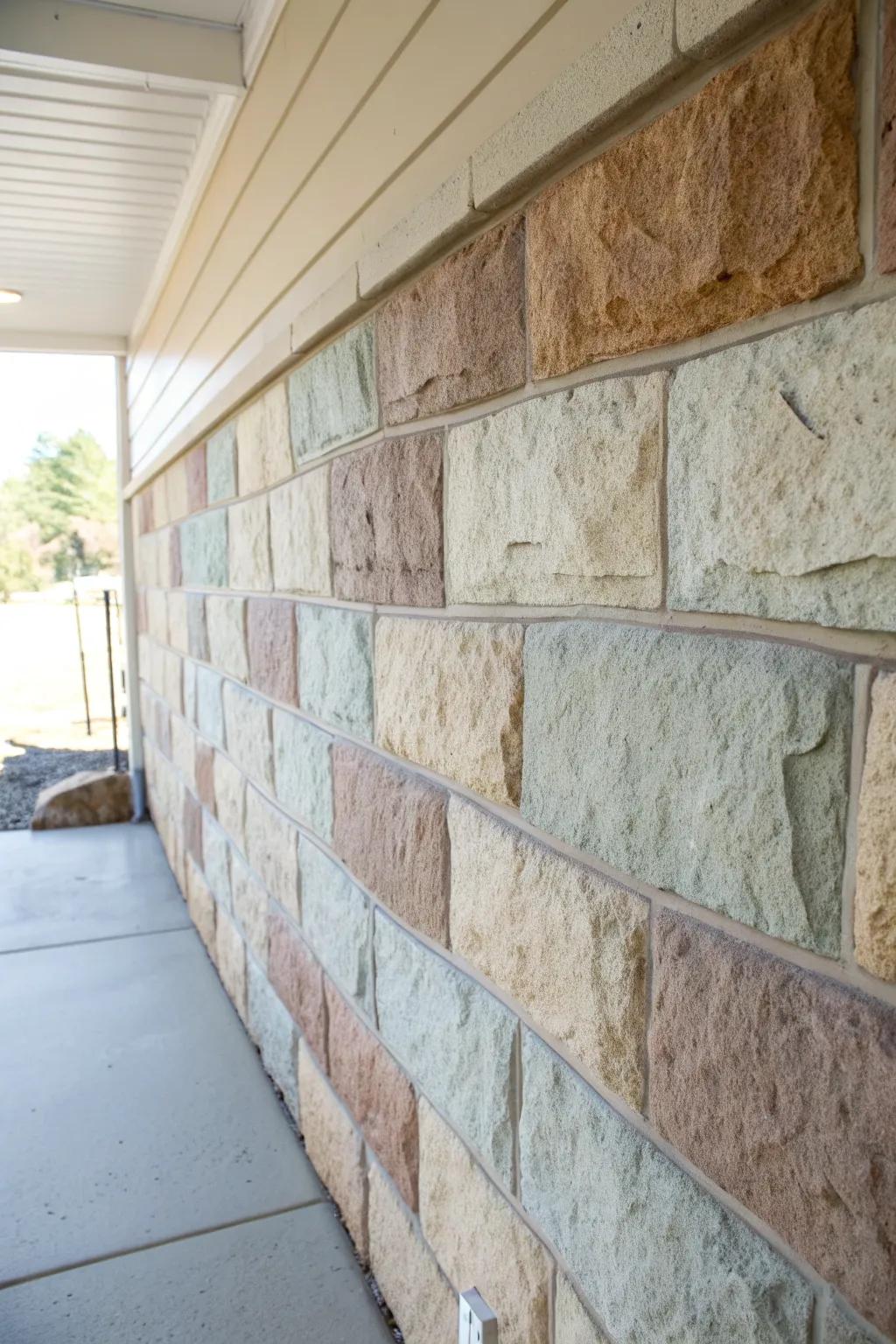 Transform your space with a cozy faux stone finish that embodies rustic elegance and minimalist charm.