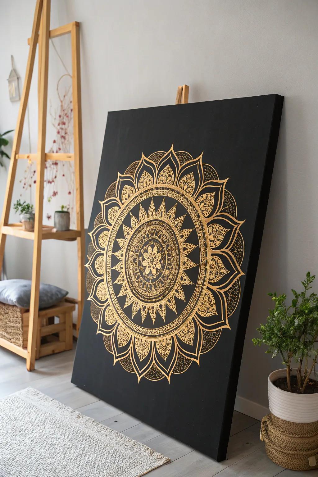 Transform your space with the luxurious allure of golden mandalas on black canvas. #ArtisanElegance