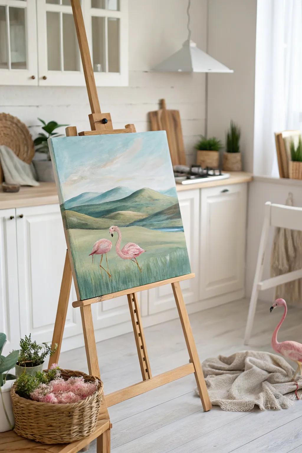 Add a touch of whimsy to your art with playful flamingos in your serene landscapes!