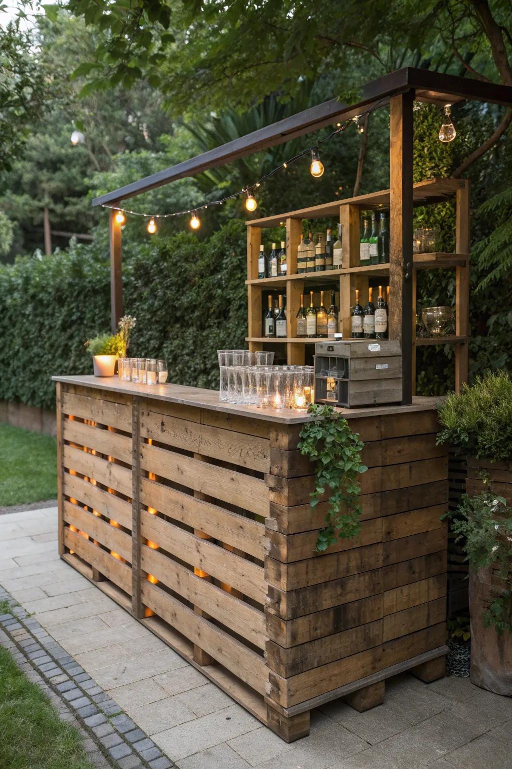 Elevate your outdoor gatherings with a chic pallet bar that's both stylish and functional.