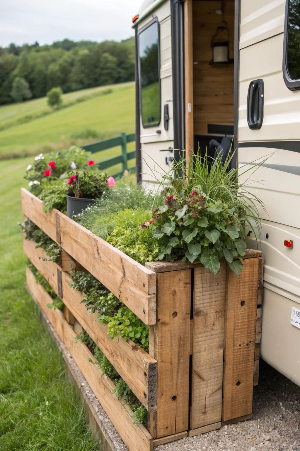Transform your RV with rustic pallet skirting and lush planter boxes—where craftsmanship meets nature.