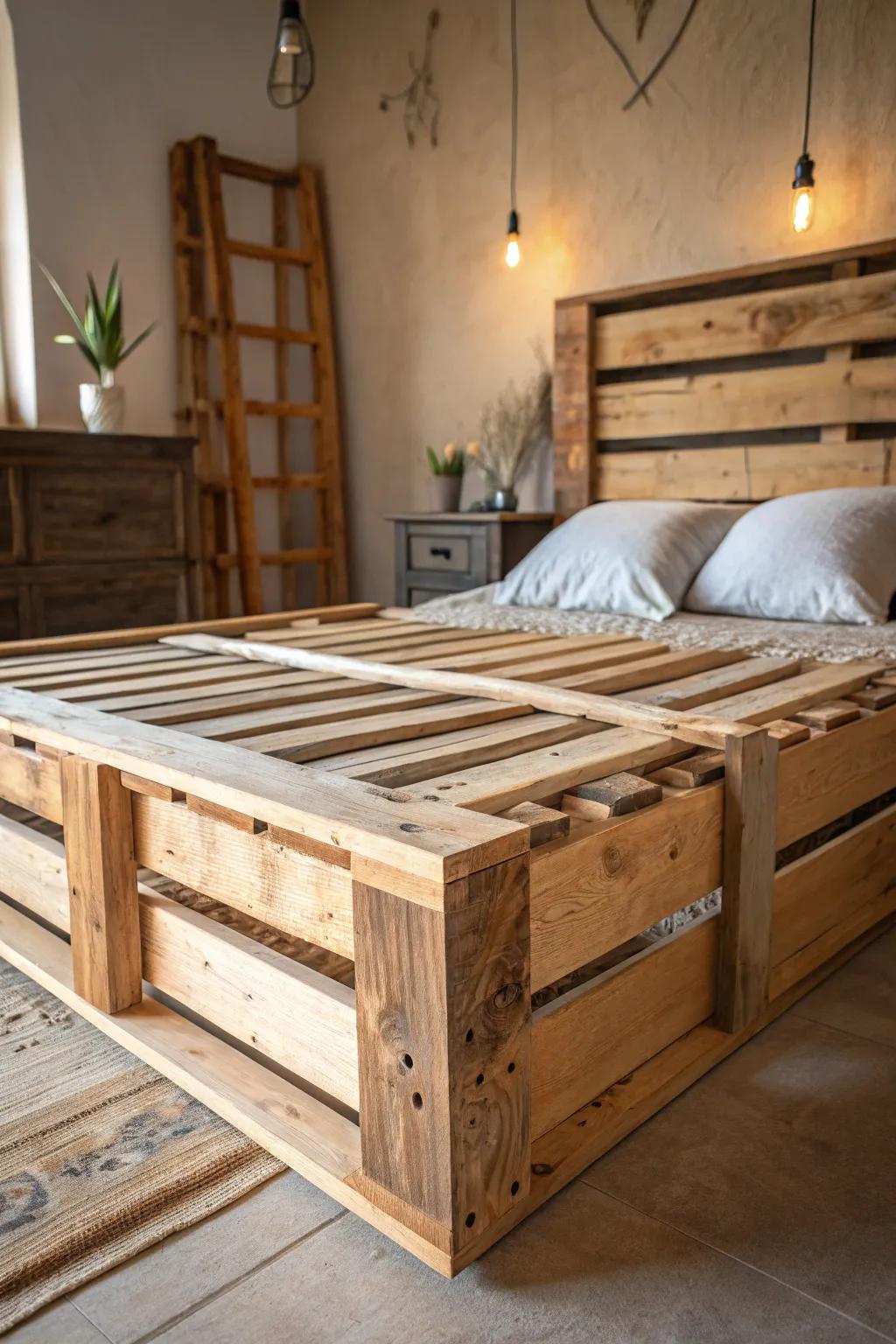 Transform your space with a handcrafted pallet wood bed frame—where rustic charm meets boho elegance.