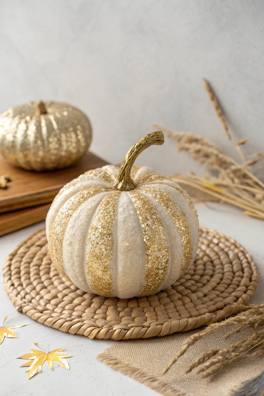 Add a touch of glittery glamour to your space with a handcrafted paper mache pumpkin that shines with elegance.