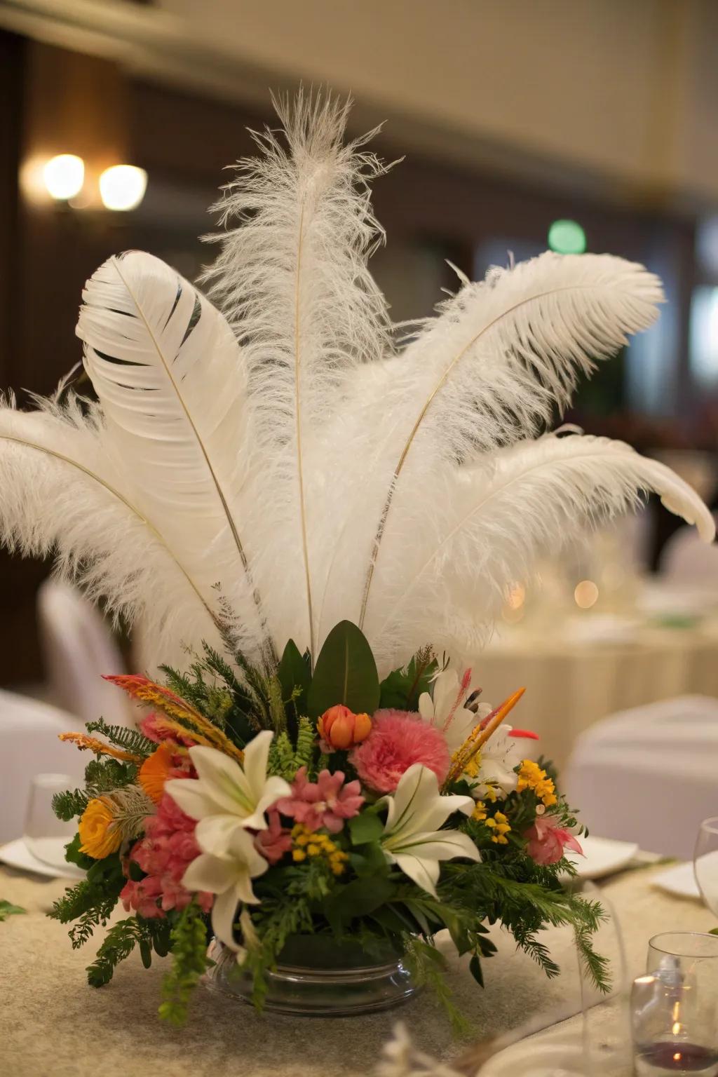A sophisticated centerpiece with white feathers.