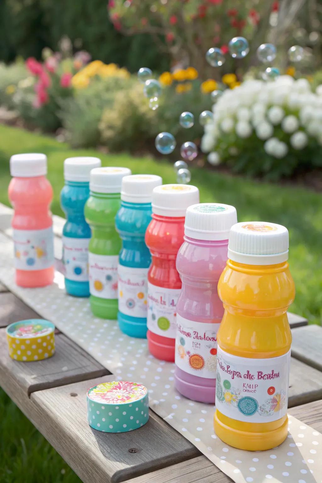 Whimsical bubble bottles with personalized labels, a fun baptism party favor.