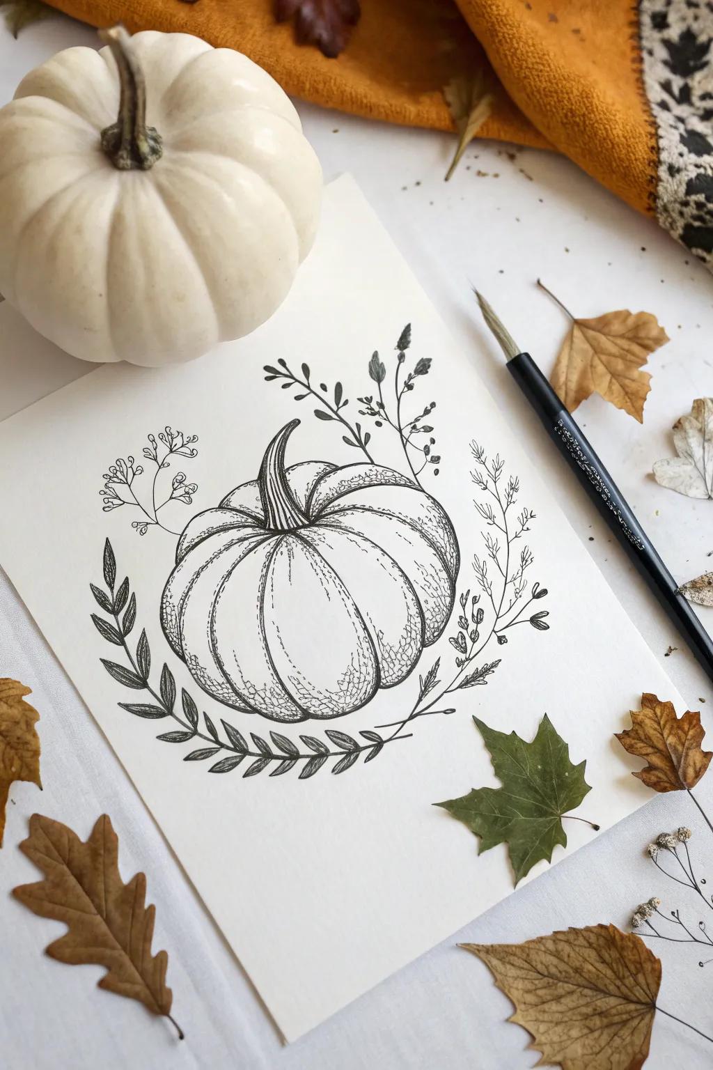 Capture the essence of autumn with minimalist pen and ink elegance.