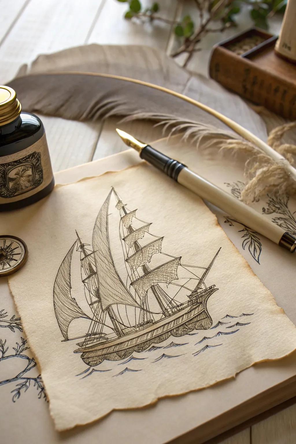 Embark on a voyage through time with this intricately crafted pen art of a historical ship, where simplicity meets nautical elegance.