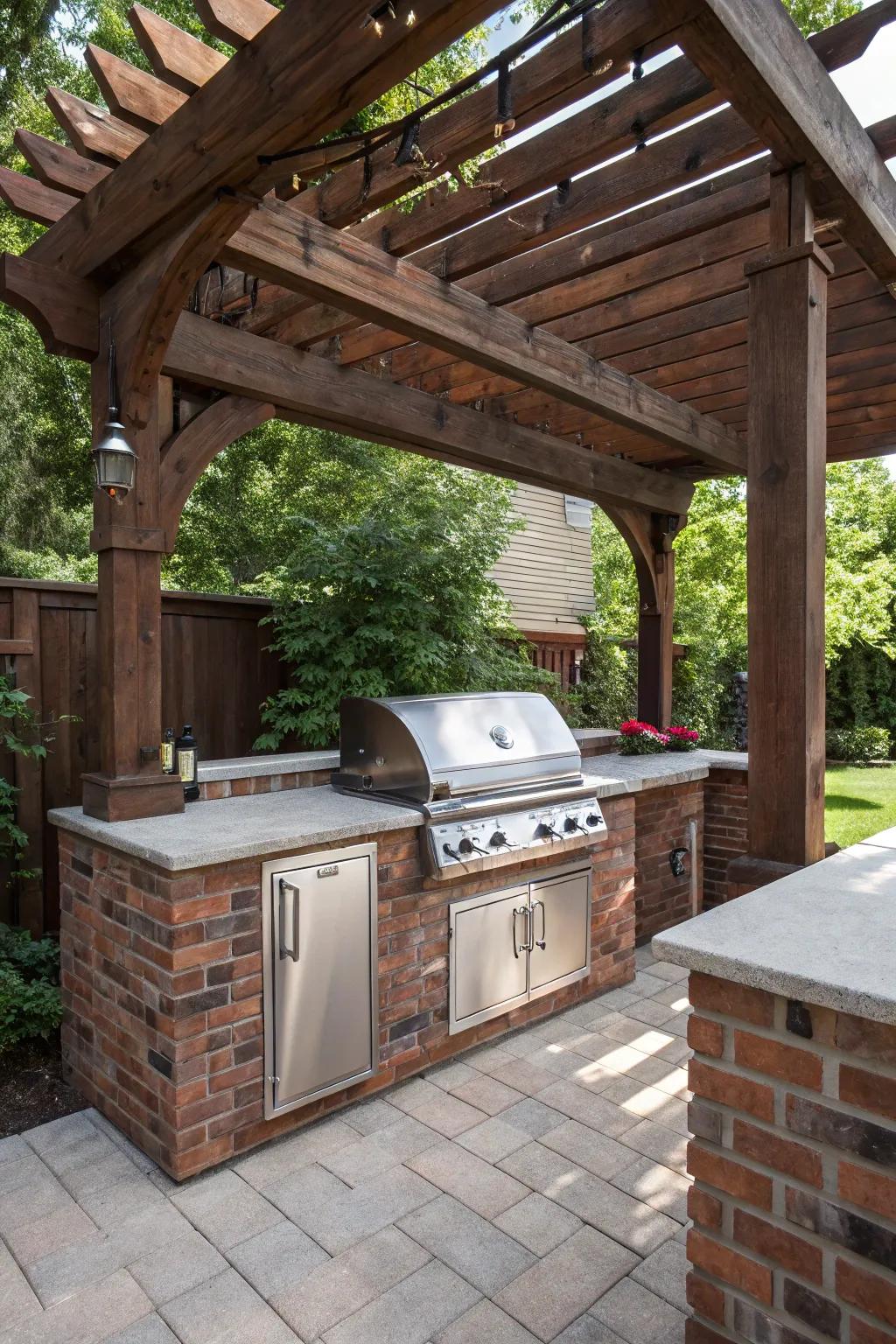 Elevate your outdoor cooking with a stunning built-in grill station under a crafted pergola.