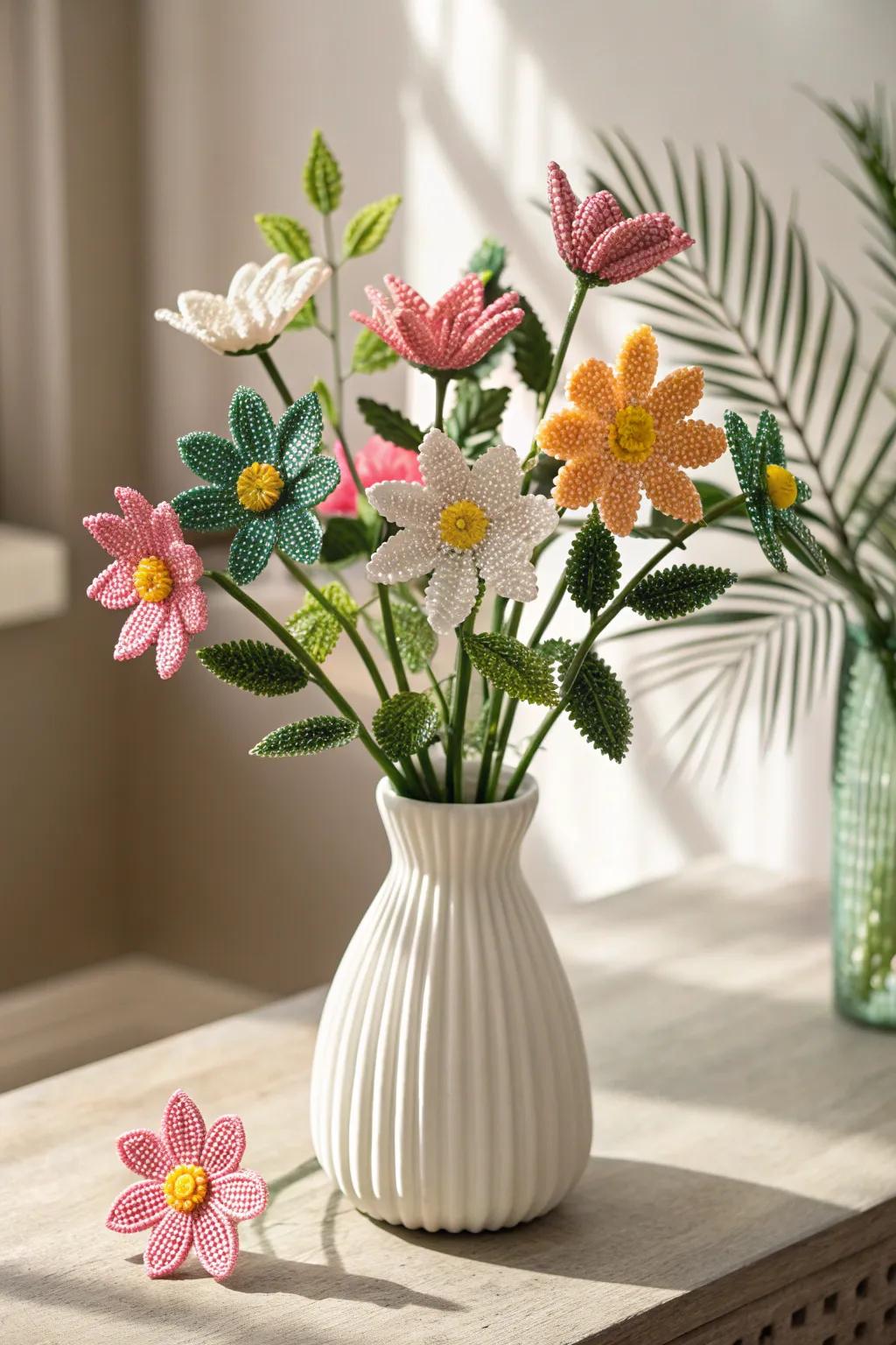 Eternal blooms: A beautifully crafted 3D Perler bead bouquet that captures the essence of everlasting beauty.