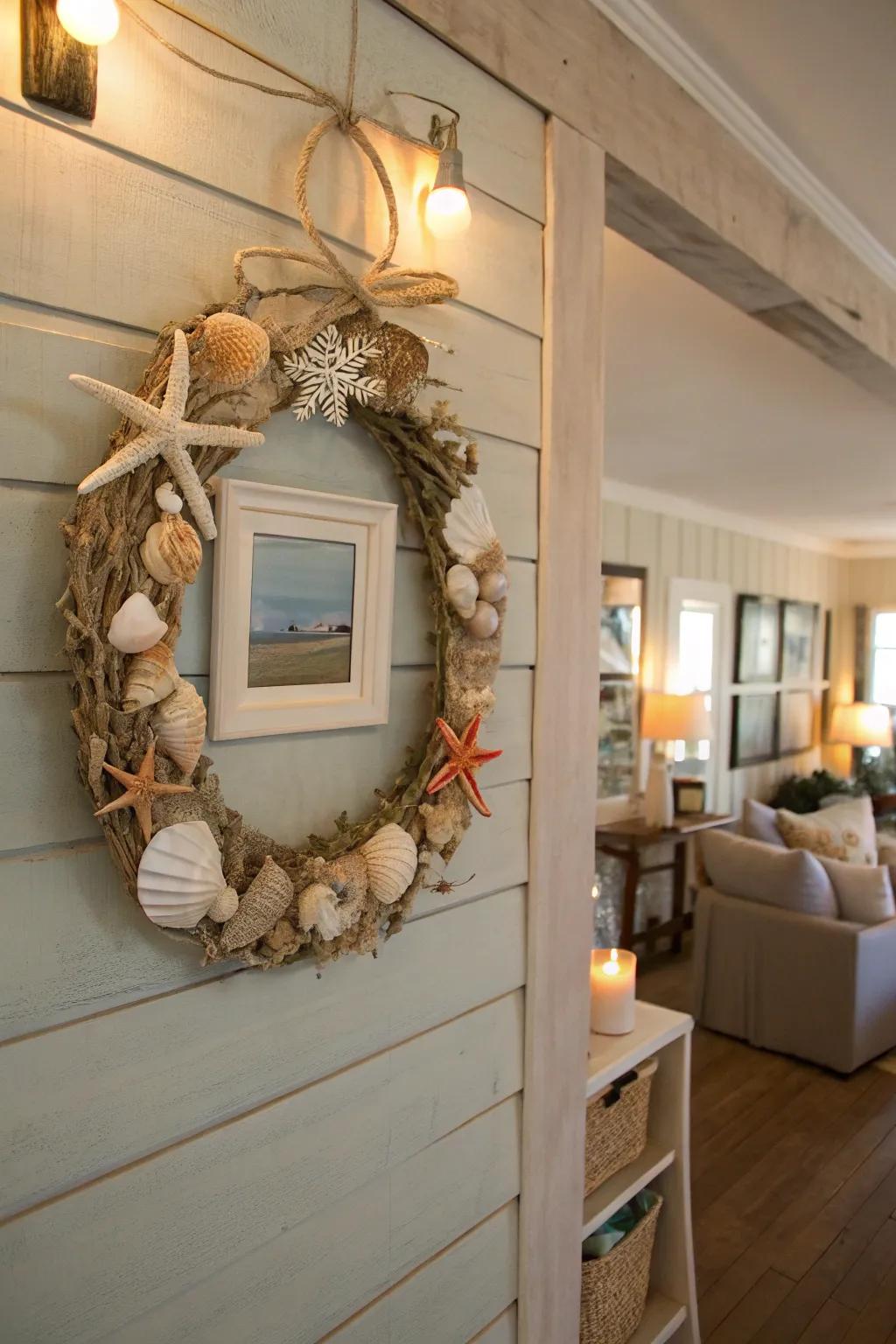 Bring the beach to your holiday decor with a coastal-themed wreath.