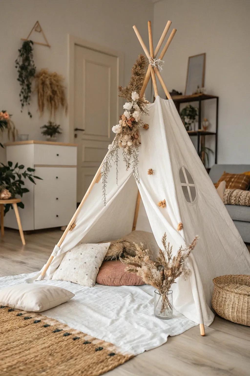 Transform your space with a touch of boho charm: a simple yet stunning teepee tent adorned with nature's elegance.