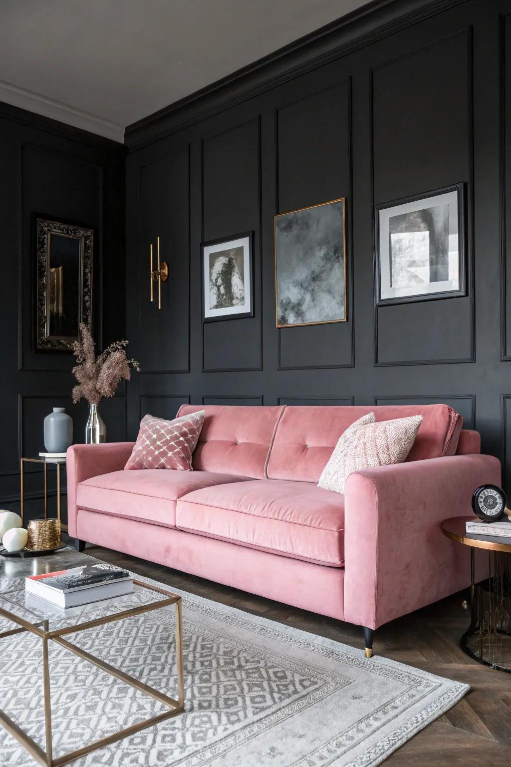 Dark walls can create a striking contrast with a pink couch.