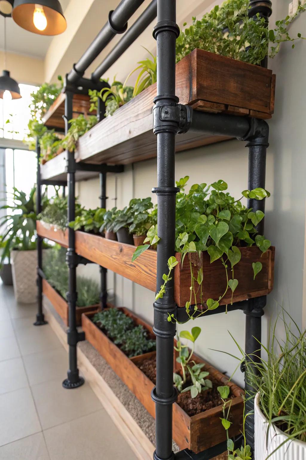 Elevate your greenery with this handcrafted multi-level pipe shelving, perfect for a sunlit sanctuary.