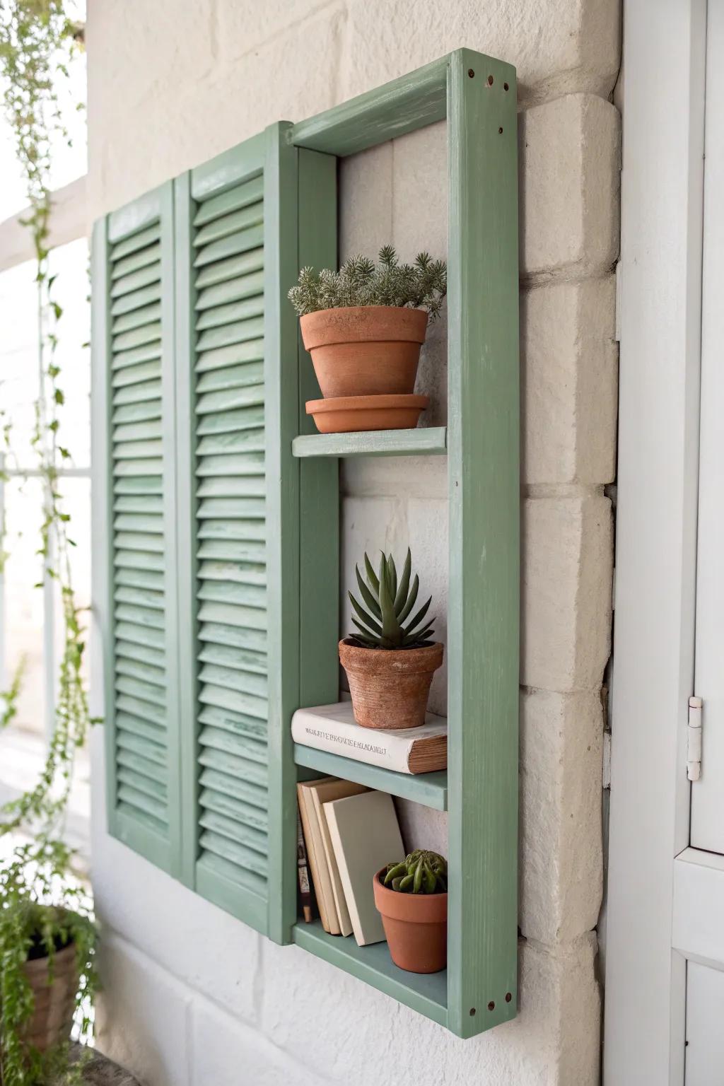 Transform old shutters into elegant shelves that bring a touch of nature and craftsmanship to your home decor.