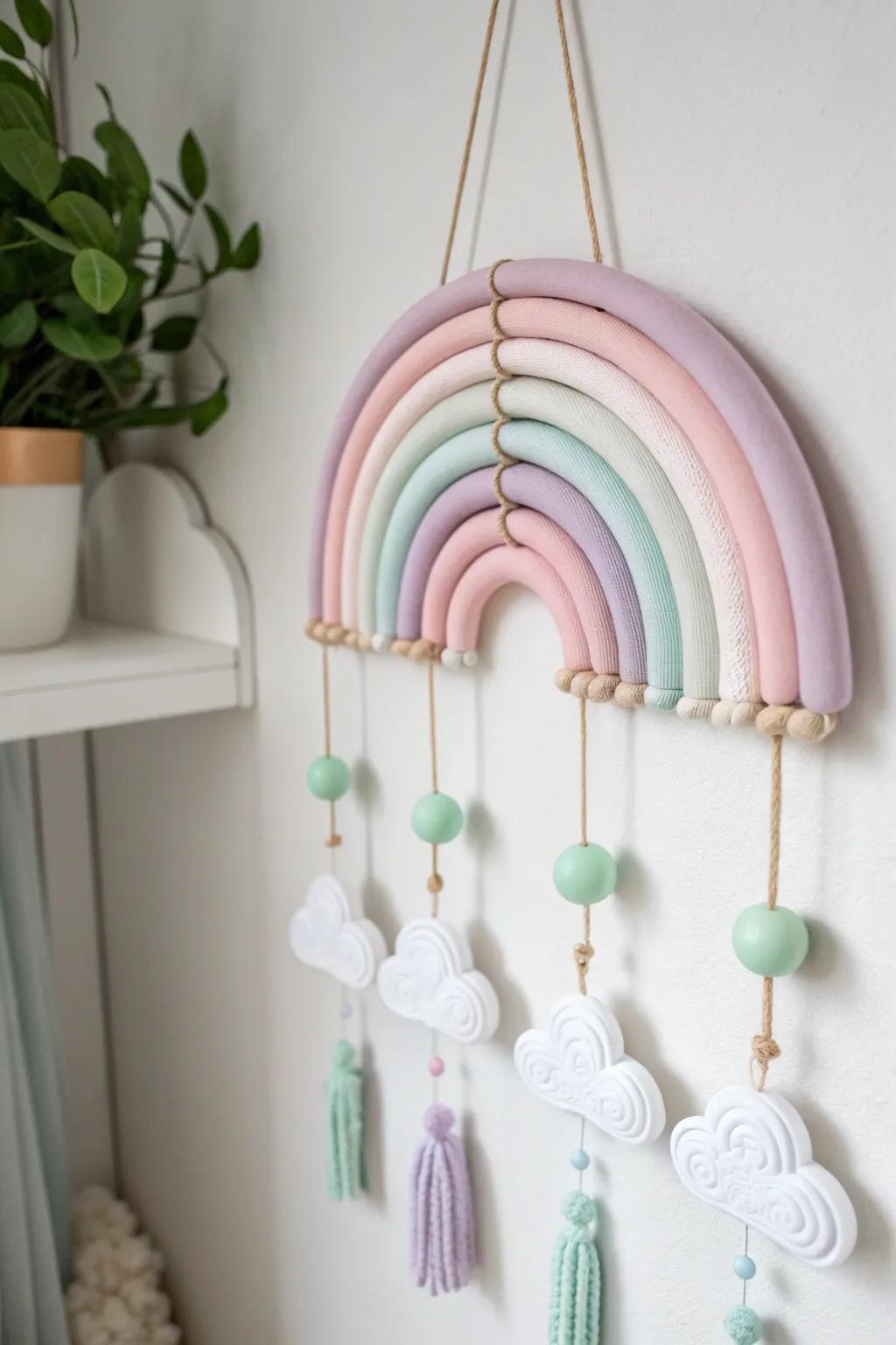 Delight in the whimsical charm of this pastel rainbow mobile, perfect for brightening any room with its minimalist and boho-inspired design.