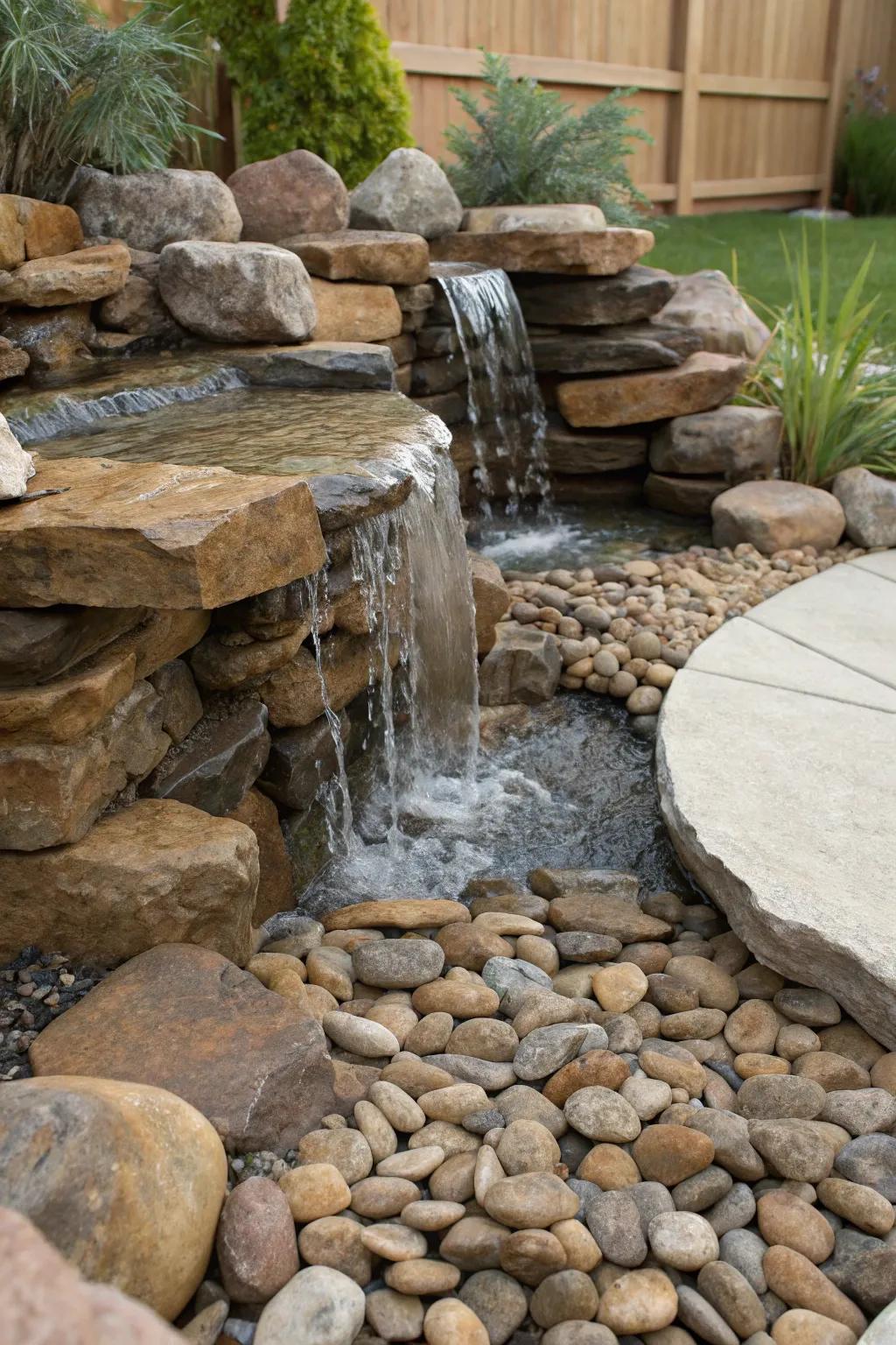 Gravel Base Beauty: Elevate your pondless waterfall with artful stonework and elegant gravel detailing.