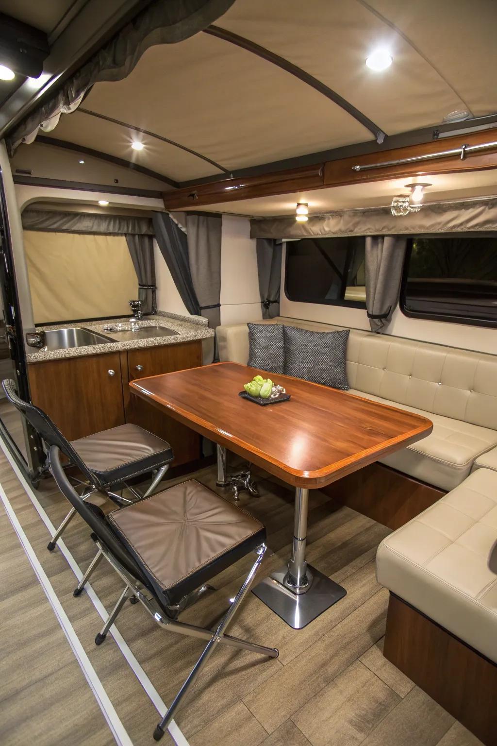 Transform your camper with a stylish pop-out dining area, where craftsmanship meets comfort.