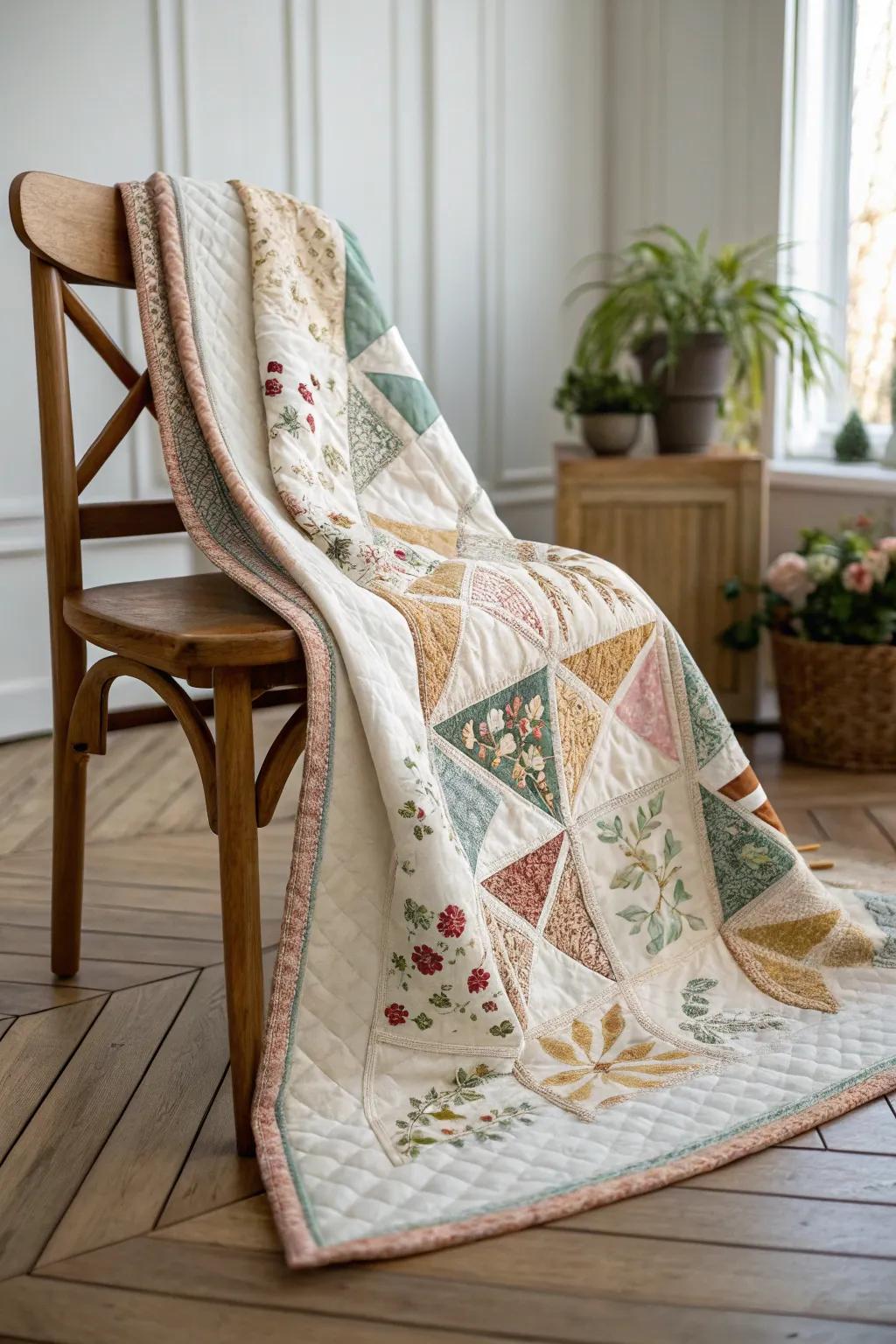 Where modern design meets vintage charm: a quilt that tells a story of timeless elegance.