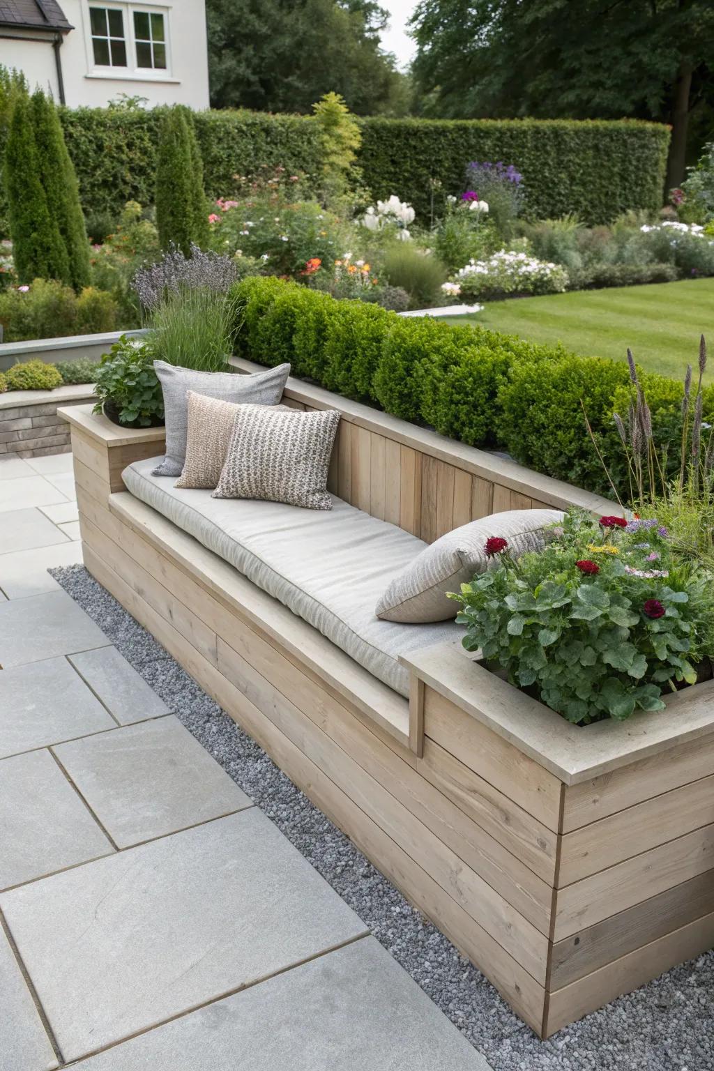 Take a moment to relax in your garden oasis with this beautifully crafted raised flower bed featuring integrated seating. #GardenInspiration #MinimalistDesign #ScandinavianStyle