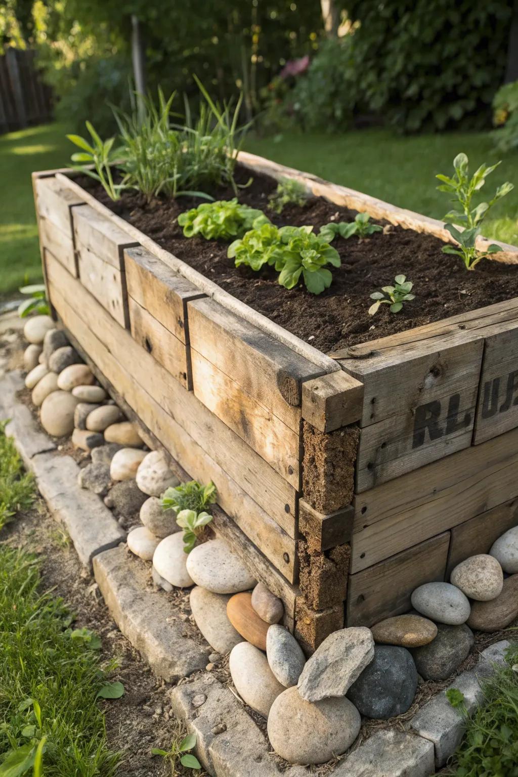 Elevate your garden game with this rustic pallet and stone combination.