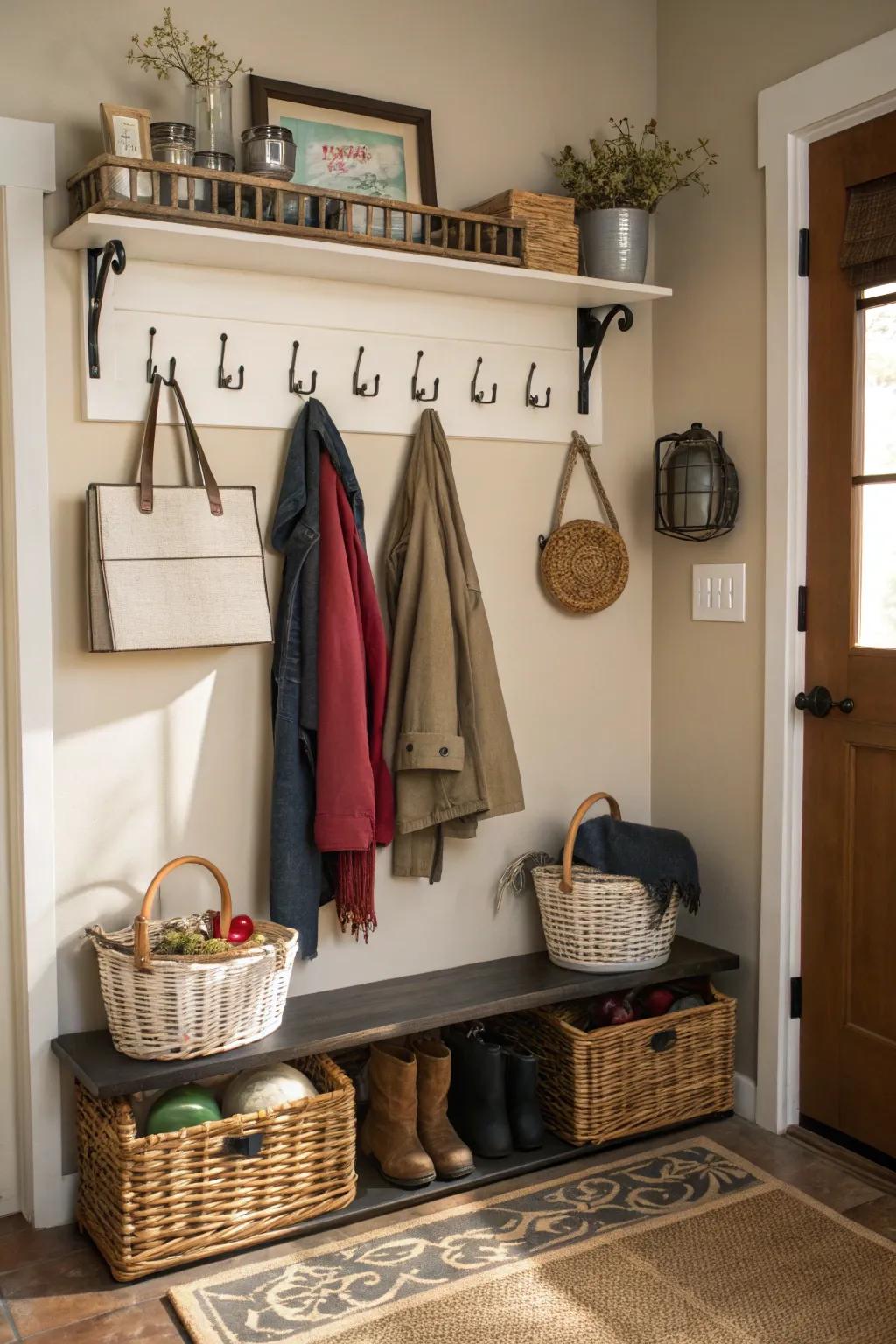 Smart storage solutions keep the entryway tidy and organized.