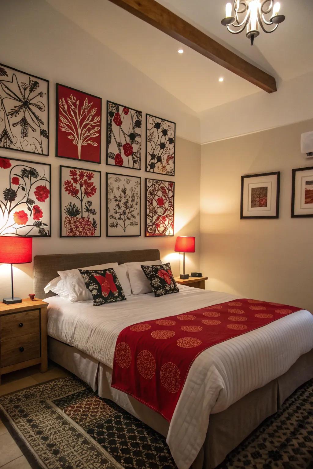 Artwork serves as a cohesive element in this colorful bedroom.