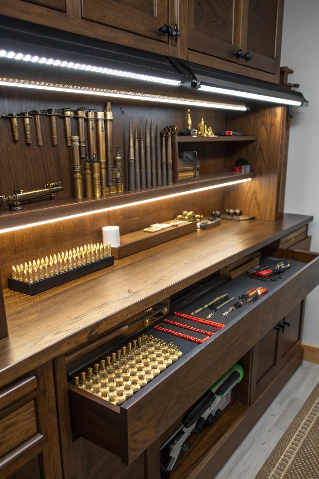 Illuminate your projects with built-in LED lighting for a perfectly organized reloading bench.