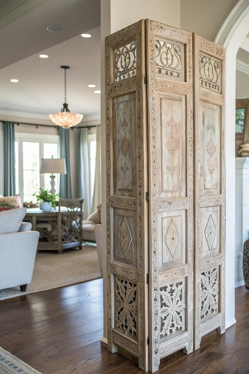 Transform your space with a touch of vintage craftsmanship—an old door becomes a stunning room divider.