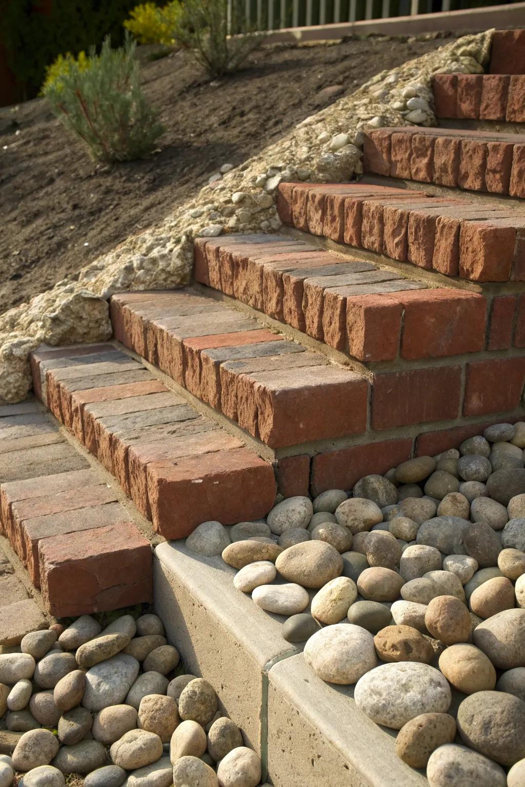 Elevate your landscape with a mix of textures: smooth stones meet rugged bricks for a striking effect.
