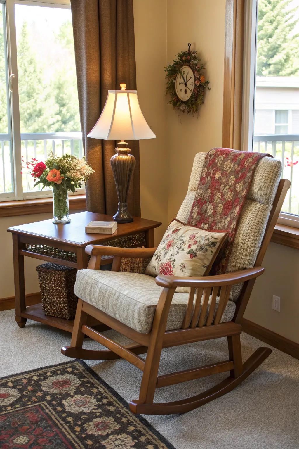 A beautifully coordinated setup with a rocking chair and matching furnishings.