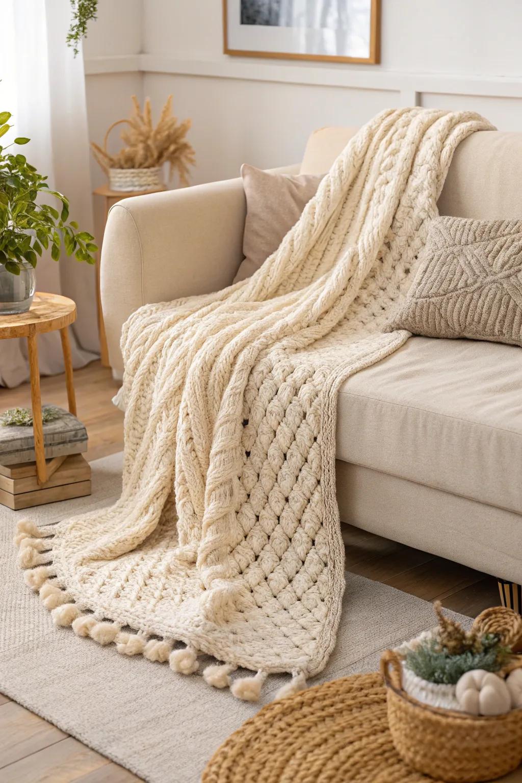 Transform your space with the cozy charm of a chunky knit throw, blending Scandinavian minimalism with a touch of Boho warmth.