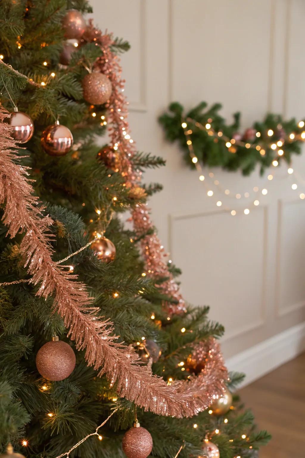 Shimmering garlands in rose gold add depth to the Christmas tree.